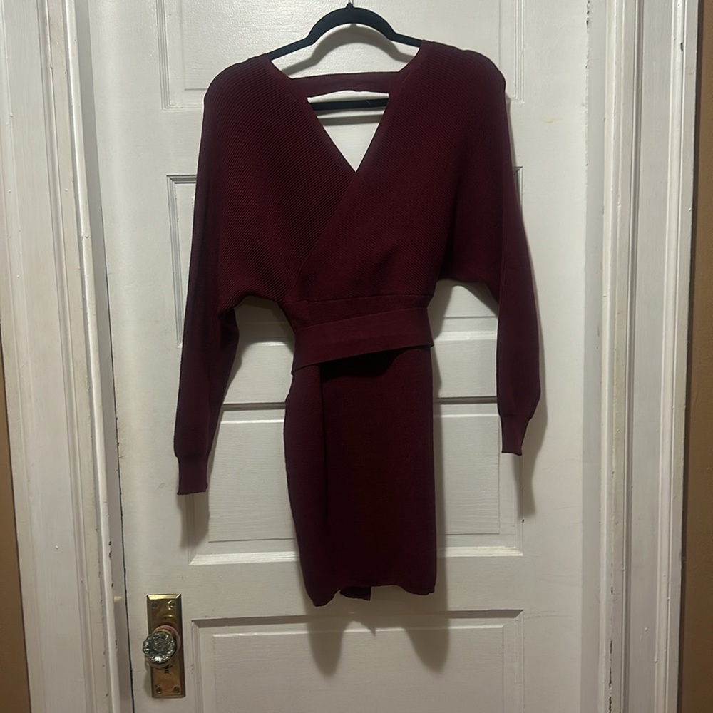 Elegant Burgundy Wrap Sweater Dress - Picture 4 of 7